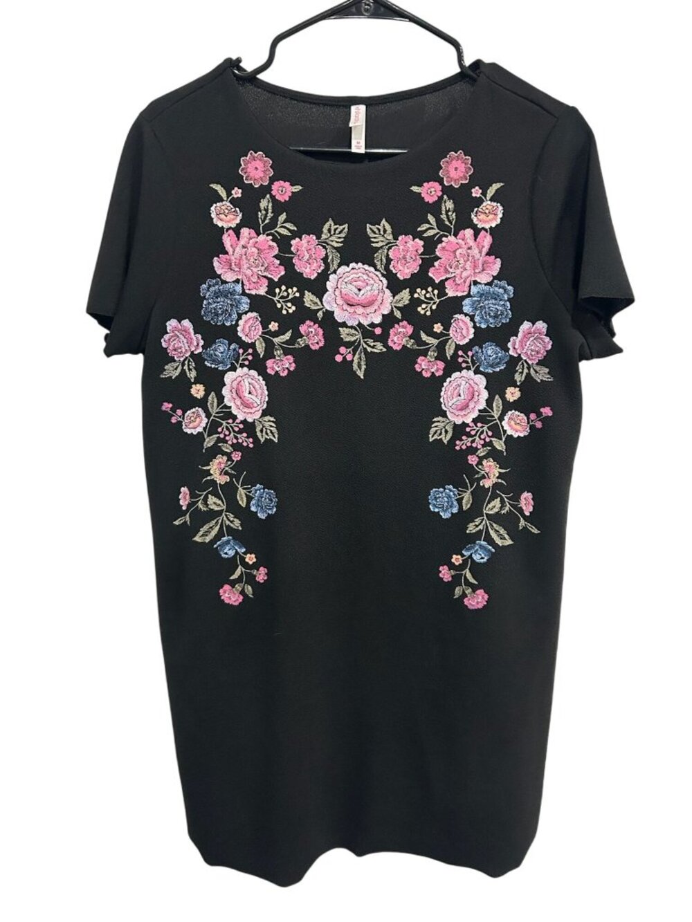 Xhilaration Medium Floral Embroidered Black Short-Sleeve Dress Cottagecore Retro